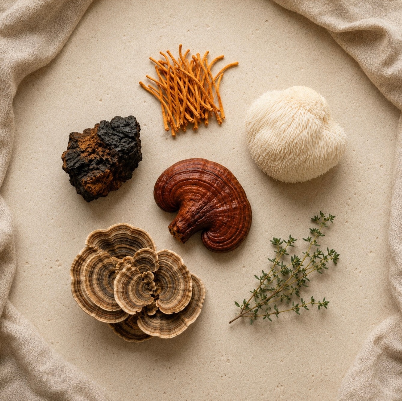 An overhead arrangement of medicinal mushrooms, including reishi, lion's mane, cordyceps, chaga and turkey tail, on a pale natural surface.