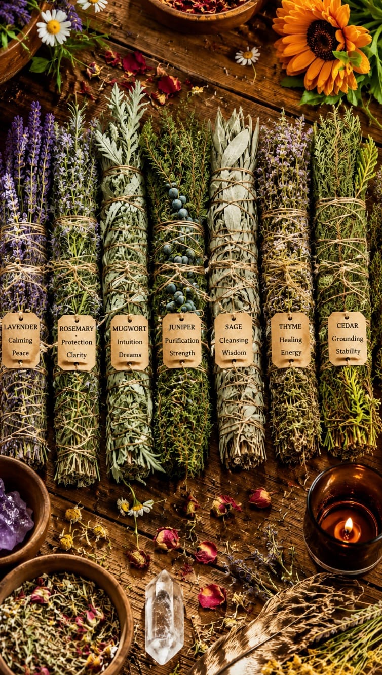 A row of labelled dried herb bundles, sage, lavender, rosemary and more, with crystals and a lit candle.