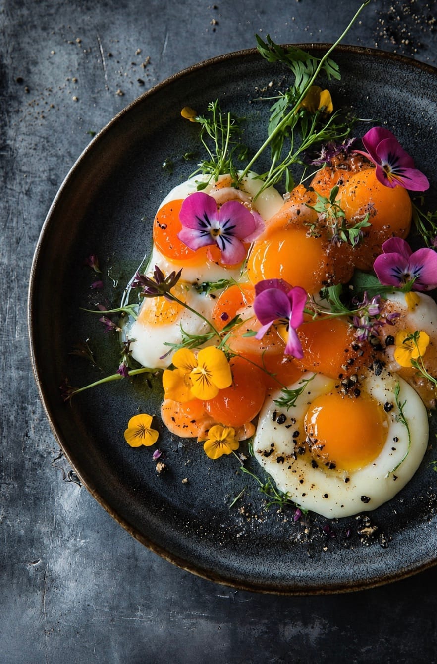 A plate of soft-cooked eggs garnished with edible flowers and fresh herbs.