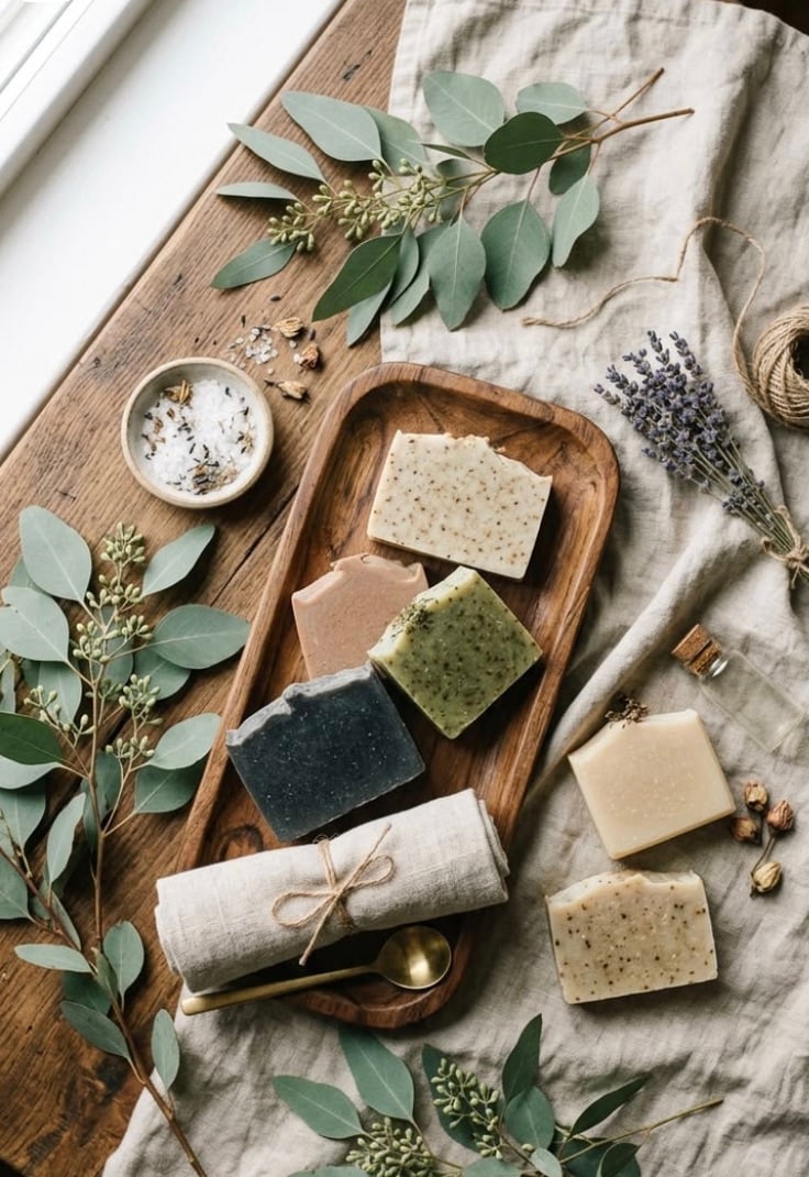 Handmade soap bars, dried lavender and eucalyptus leaves arranged on a wooden tray.