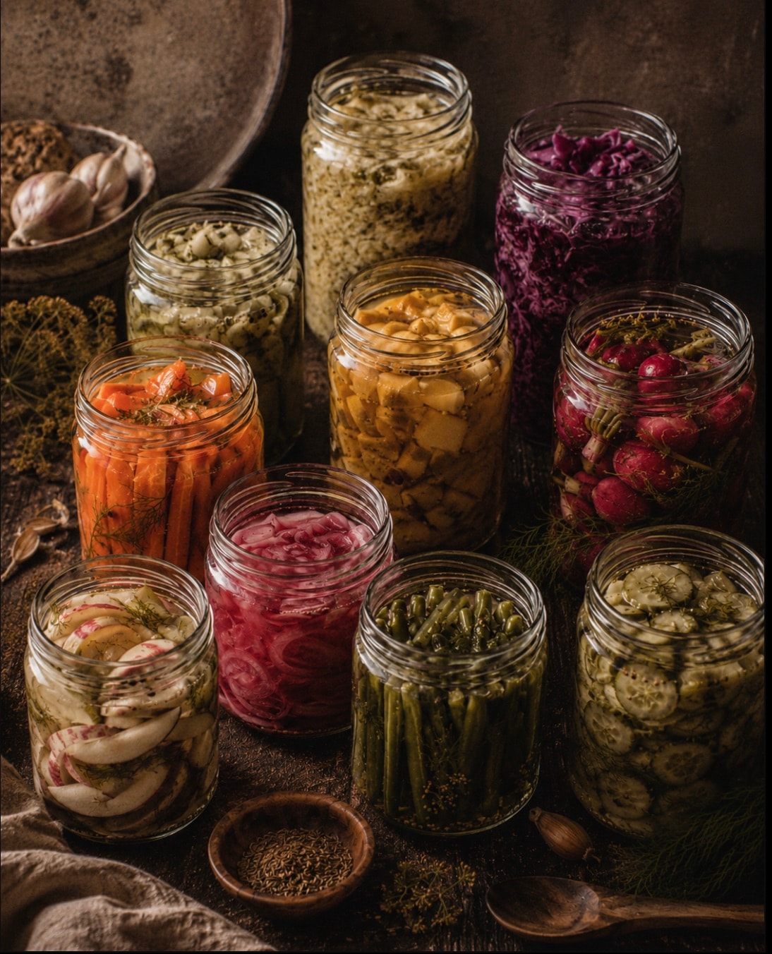 An abundant arrangement of glass jars filled with colourful fermented vegetables on a dark wooden table.