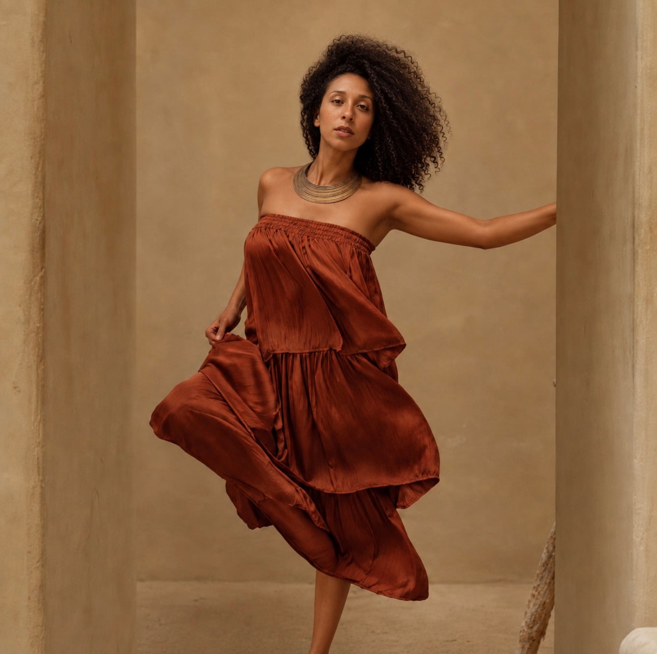 A woman in a flowing terracotta dress, caught mid-movement within a stone archway.