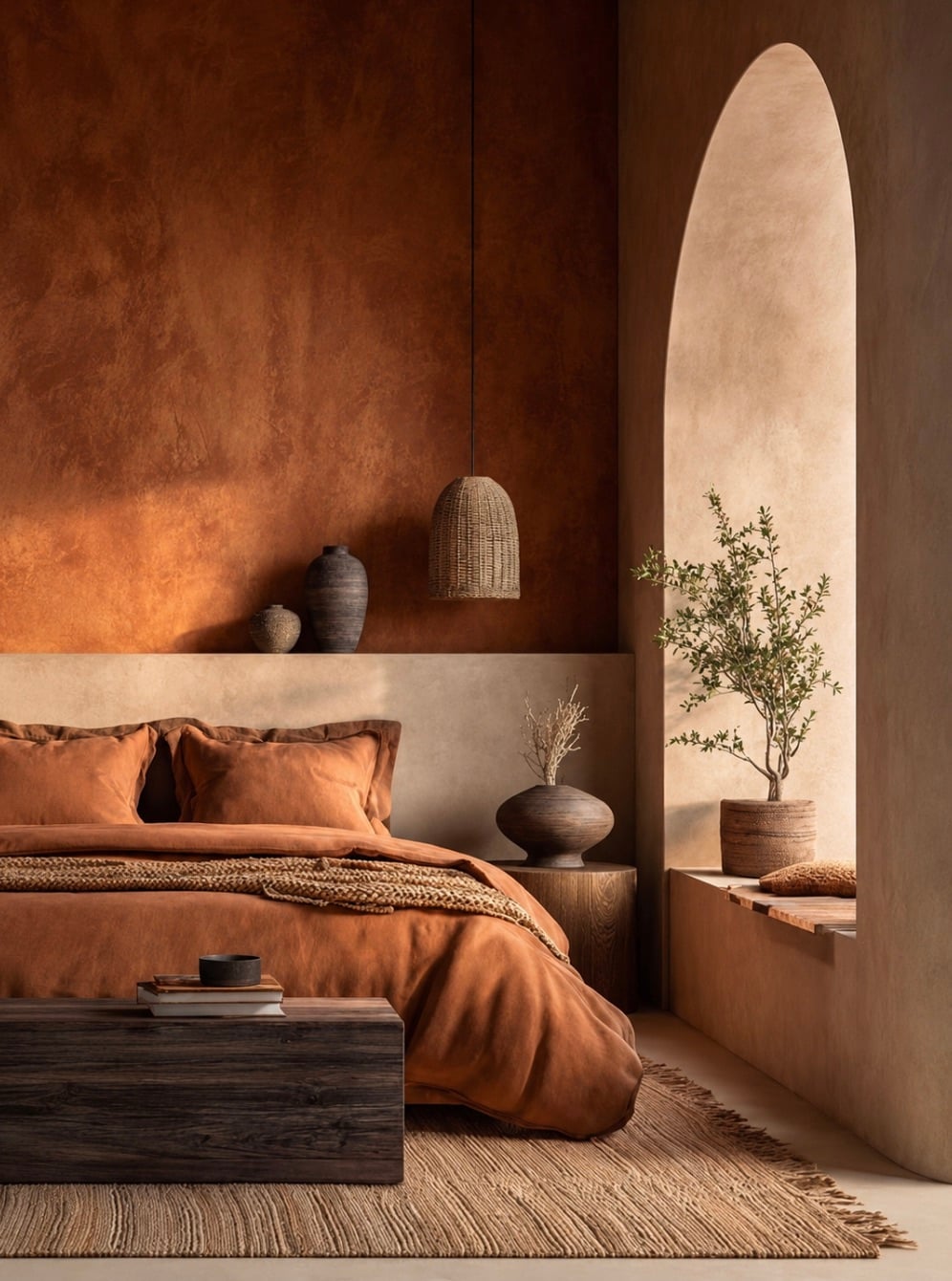 A sunlit terracotta bedroom with layered textiles, ceramics and an olive tree in an arched alcove.