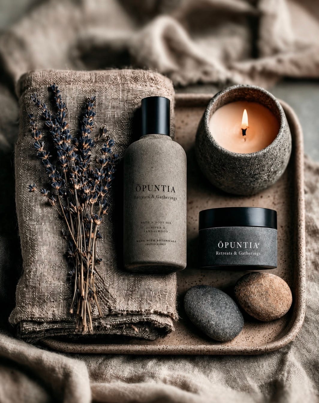 Botanical body-care objects, dried lavender and a candle arranged on textured natural materials.