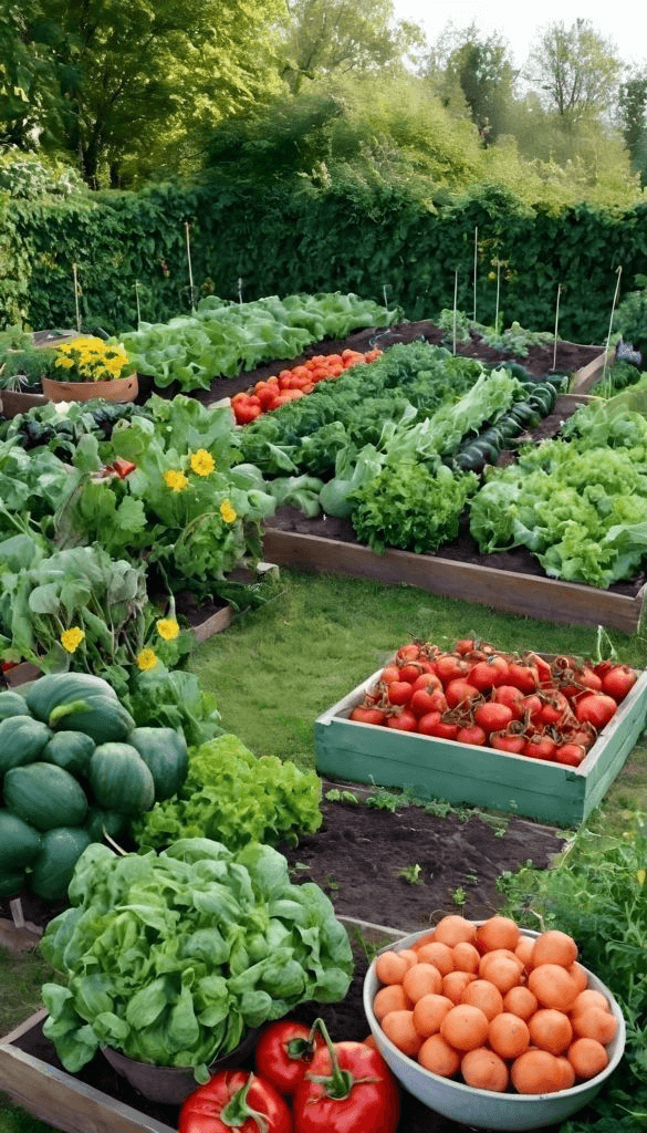Rows of vegetables growing in a sunlit garden