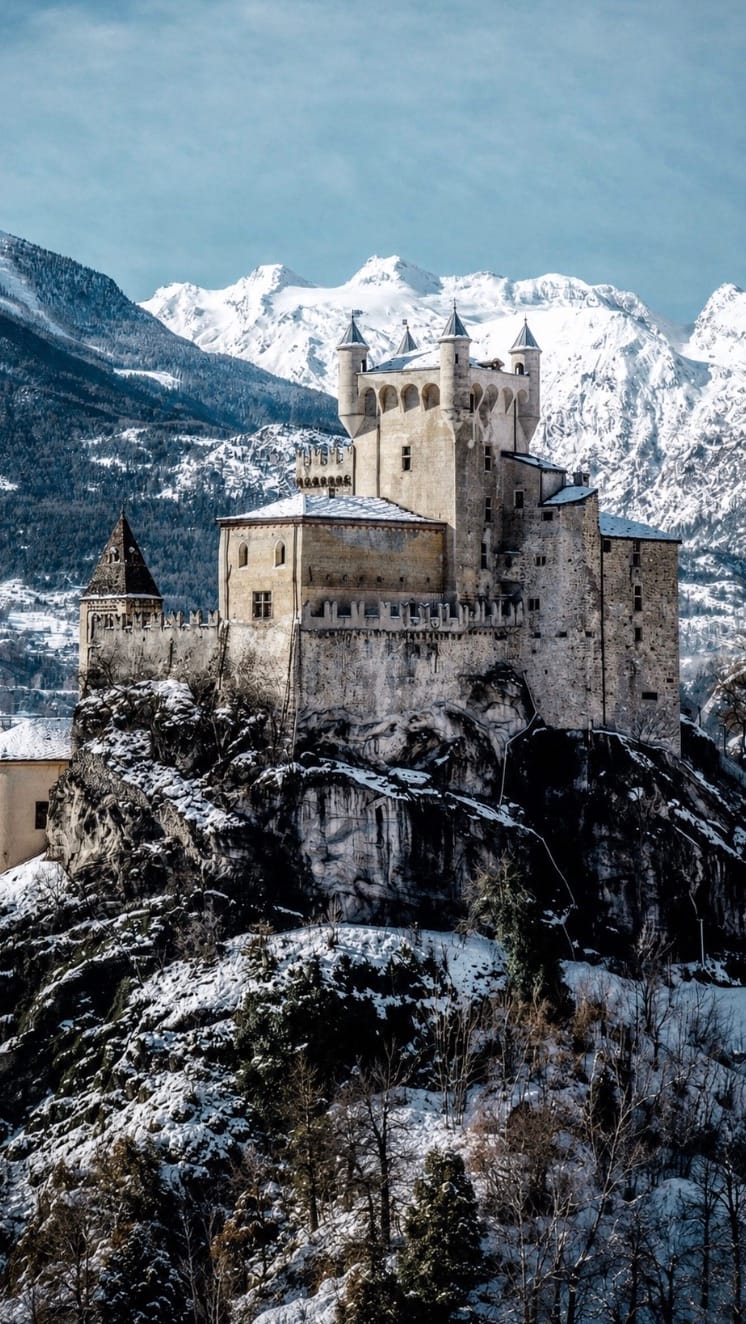 A stone castle on a rocky outcrop beneath snow-covered peaks in the Aosta Valley, Italy.