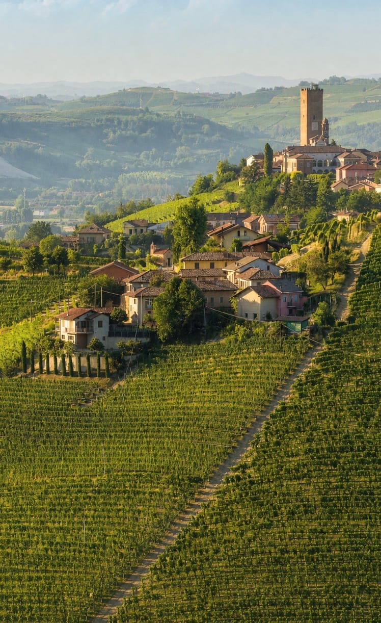 A hilltop village surrounded by vineyards in the Piedmont countryside, Italy.