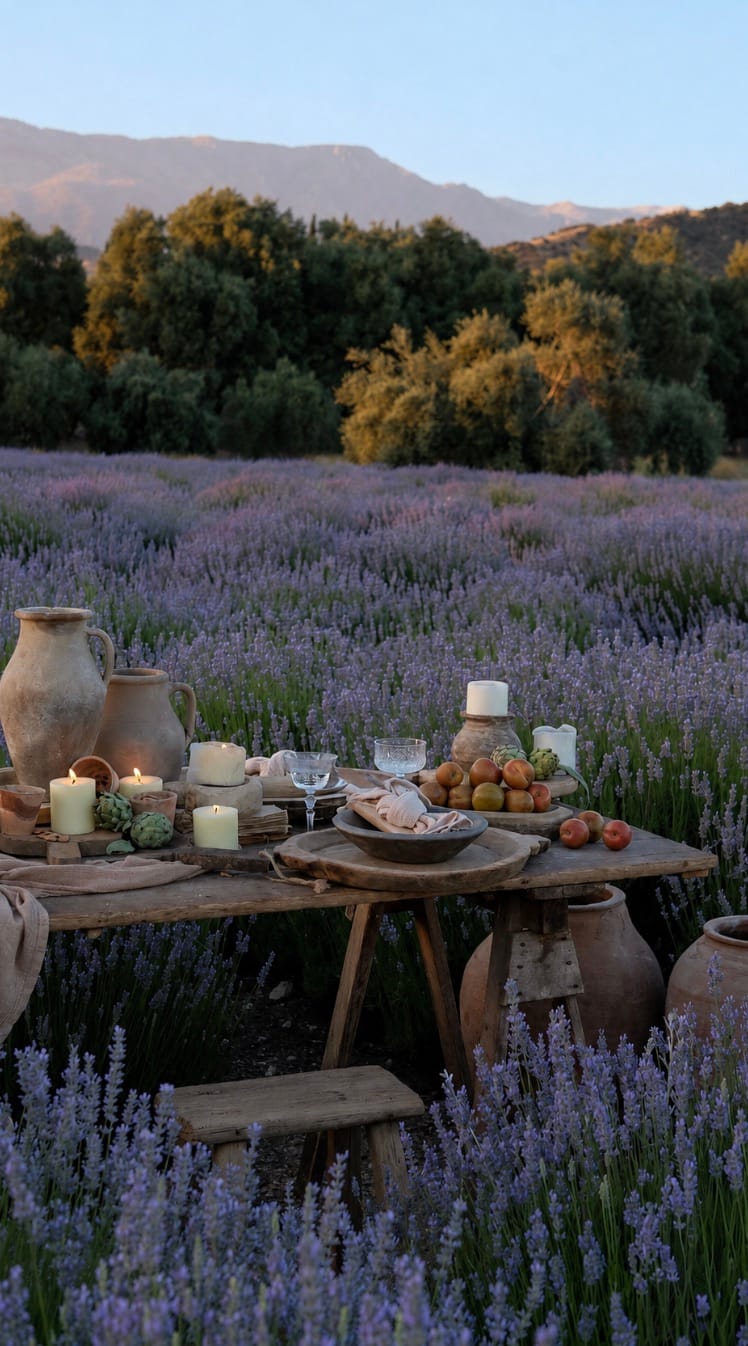 A candlelit table set among lavender fields in the South of France, with mountains beyond.