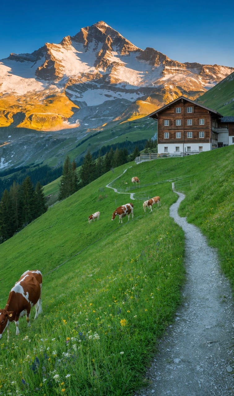 A wooden alpine chalet on a green mountainside in Switzerland, with grazing cattle and snow-capped peaks.